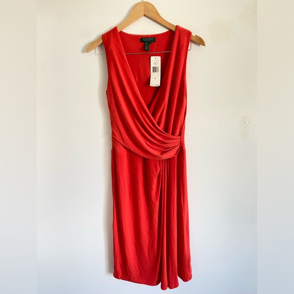 NWT Ralph Lauren Midi Dress Womens Orange Pleated Faux Wrap Cocktail Size 4 - Picture 1 of 5